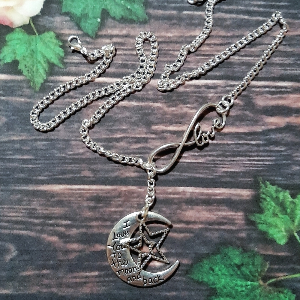 Silver Toned Love Moon Stars Infinity Necklace